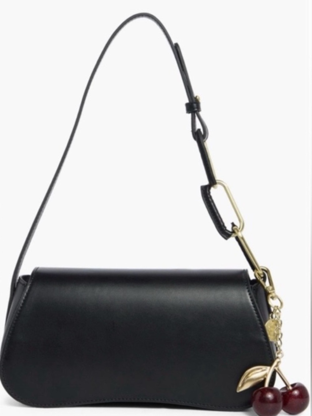 BCBG Black Shoulder Bag | Chic Gold Hardware with Cherry Accent bag charm